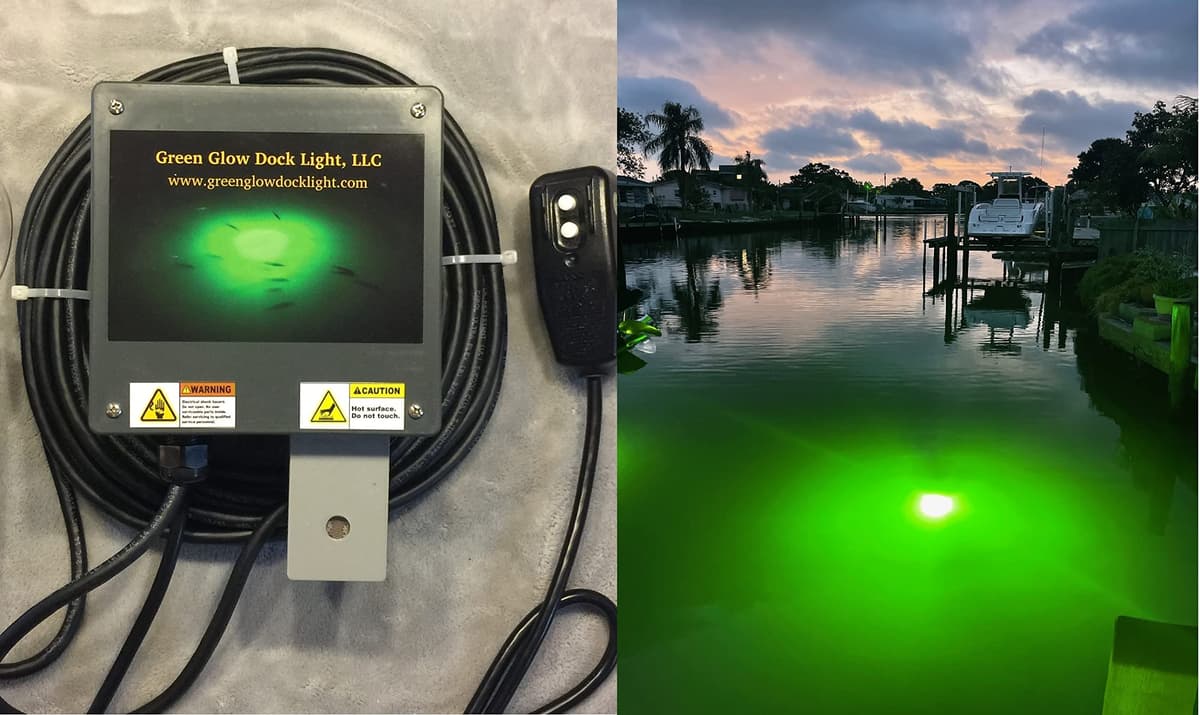 Lámpara subacuática Barnacle Burner para pesca Green Glow, 250W, 21,000 lúmenes, cable marino 50', encendido crepúsculo a amanecer 21K Extreme Brilliant