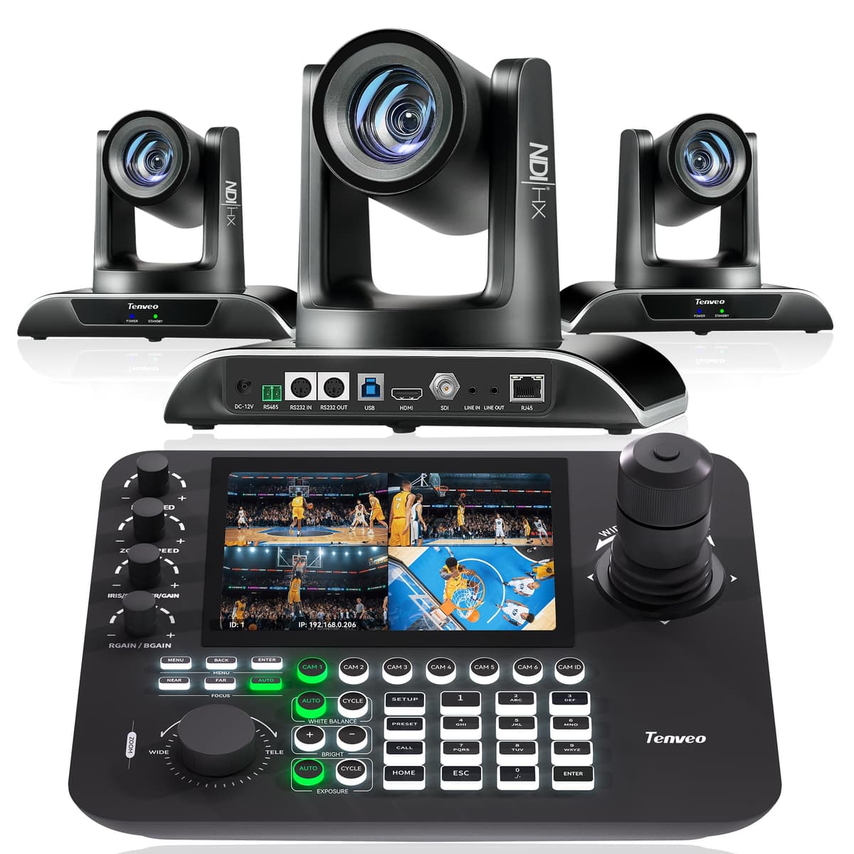 Tenveo Bundle: 3x Cámara PTZ NDI 30X + Controlador Joystick 7'' con Quad-Screen