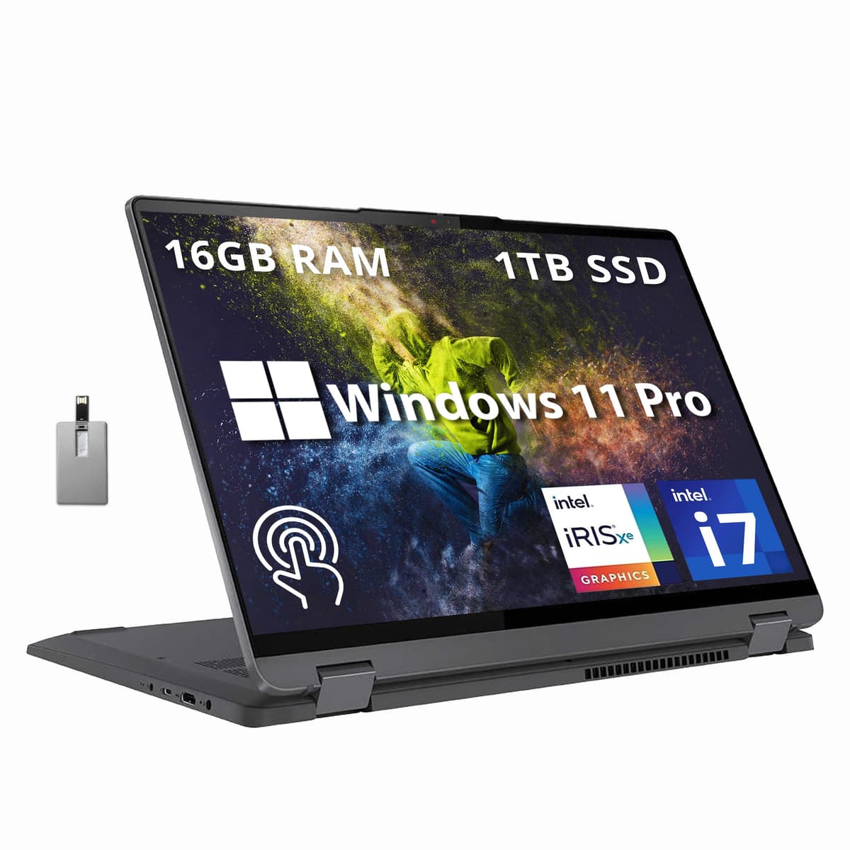 Lenovo IdeaPad Flex 5 16" 2 en 1 Laptop con pantalla táctil IPS 2.5K, Intel Core i7-1255U, 16GB RAM, SSD 1TB, Teclado retroiluminado, Lector de huellas, Windows 11 Pro, Gris Storm, Tarjeta USB Hotface 32GB, Gris