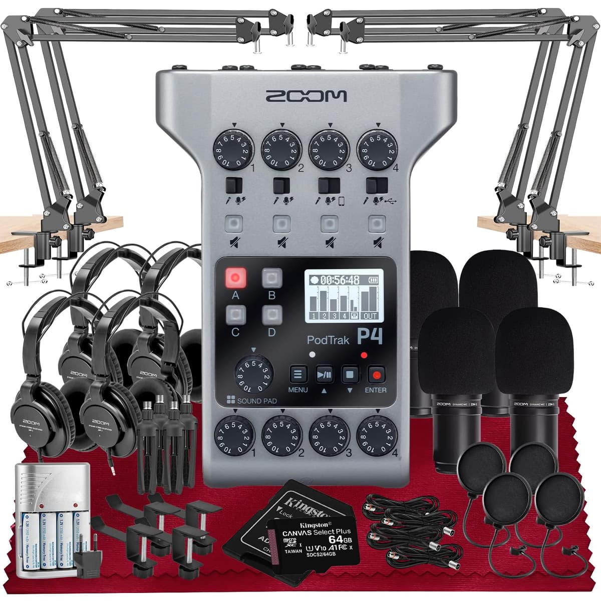 SonicSound Technologies Zoom PodTrak P4 Portable Multitrack Podcast Recorder - Paquete con Micrófonos, Filtros Pop, SD 64GB y Baterías recargables