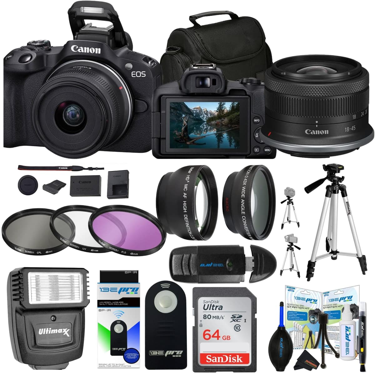 Canon EOS R50 Cámara sin Espejo para Vlogging (Negra) con RF-S18-45mm F4.5-6.3 IS STM (Reacondicionada) (Cámara con Objetivo RF-S18-45mm + Paquete Sunshine Pro) 5811C012