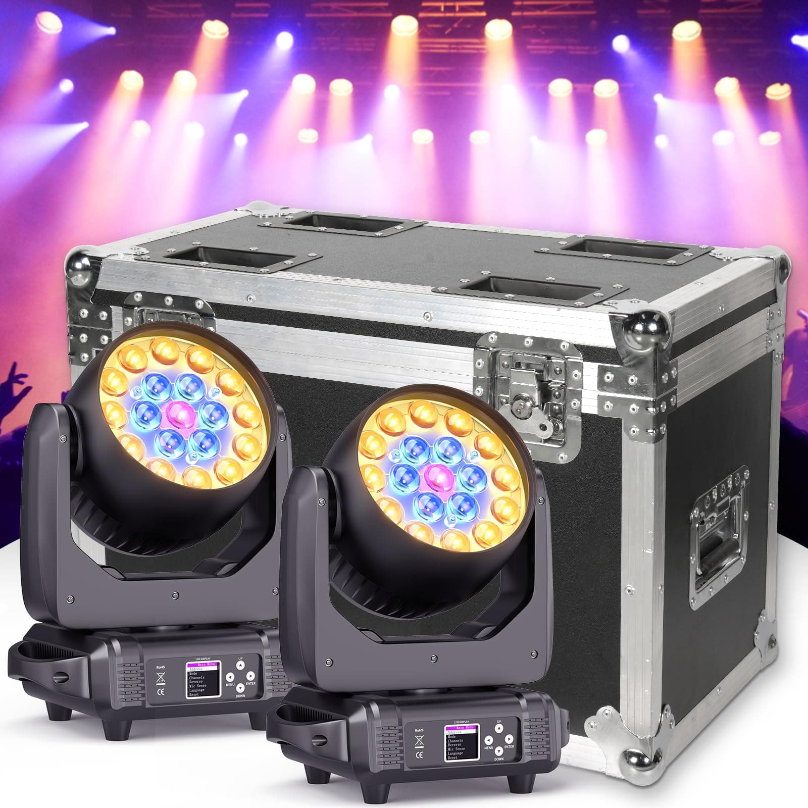 SEBRUANC Moving Head DJ Light 2-Pack con Flight Case, 19x15W 4-in-1 Beam/Wash/Zoom, DMX512 y Control Sonoro ZQ02253US