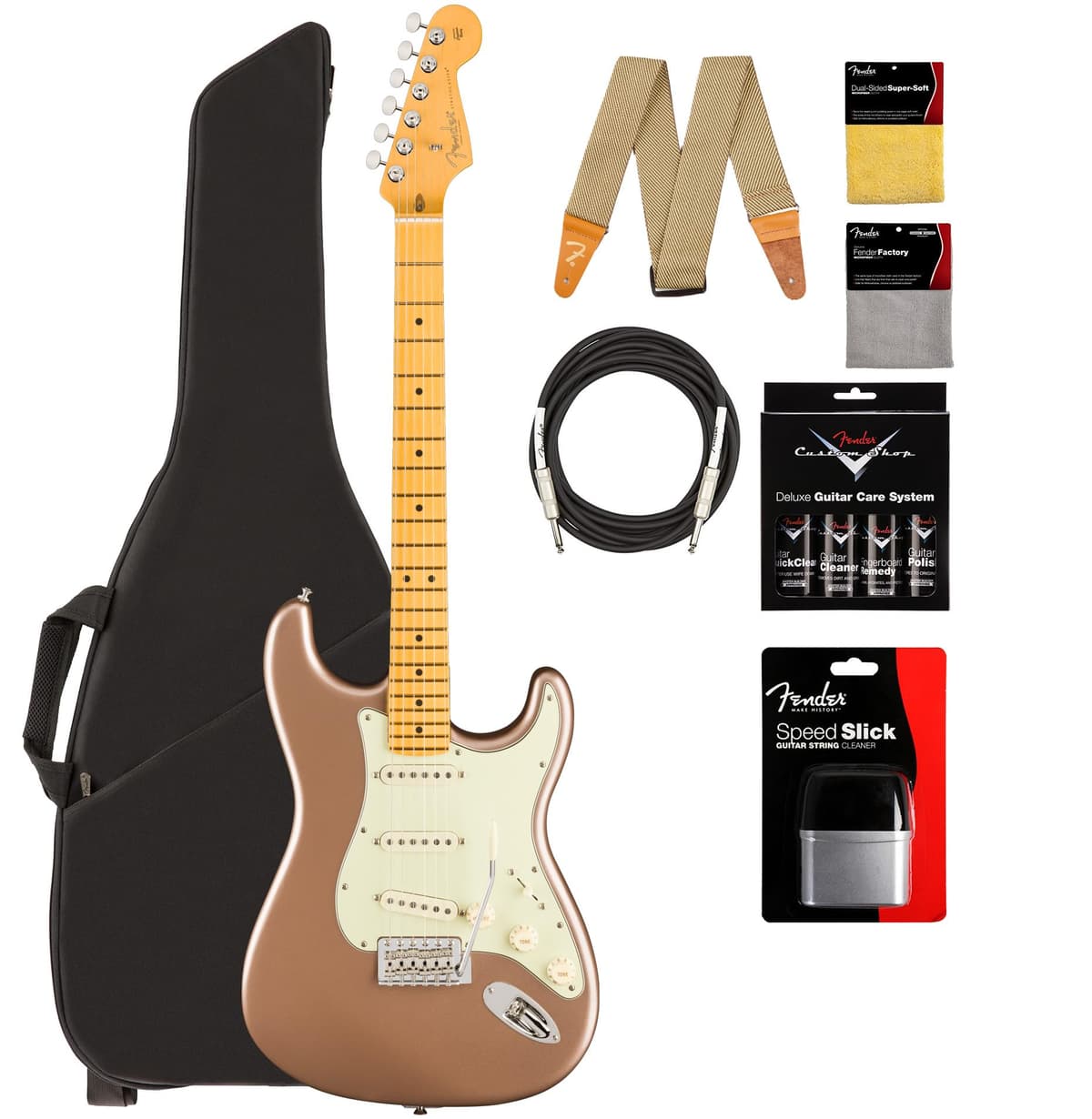 Fender American Professional Classic Stratocaster - Faded Firemist Gold Bundle con funda, correa, cable y kit de limpieza AUS-0114942384-COMBO-STD