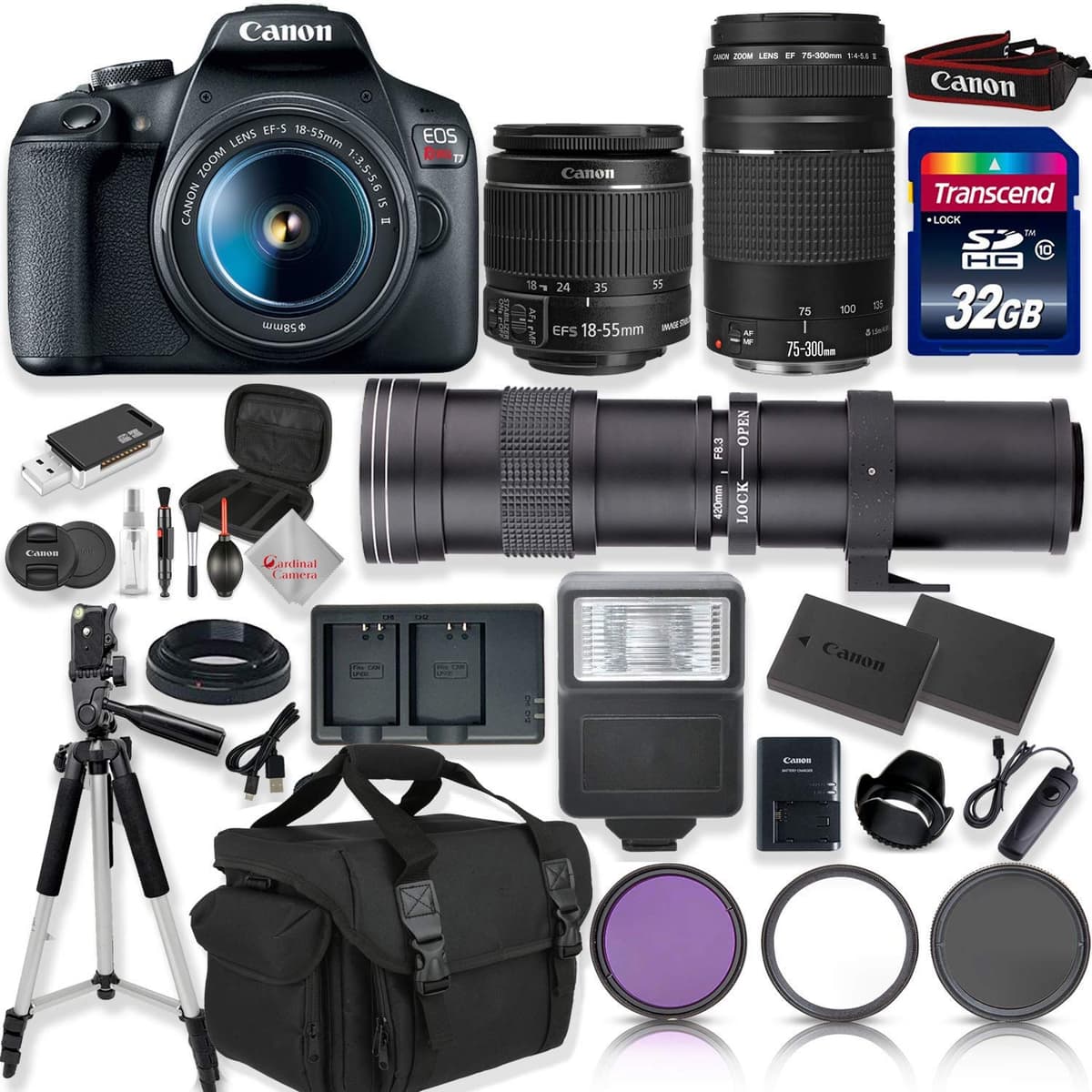 Canon EOS Rebel T7 DSLR Camera Kit con 18-55mm IS II, 75-300mm, 420-800mm y accesorios CC-CANONT74-022619