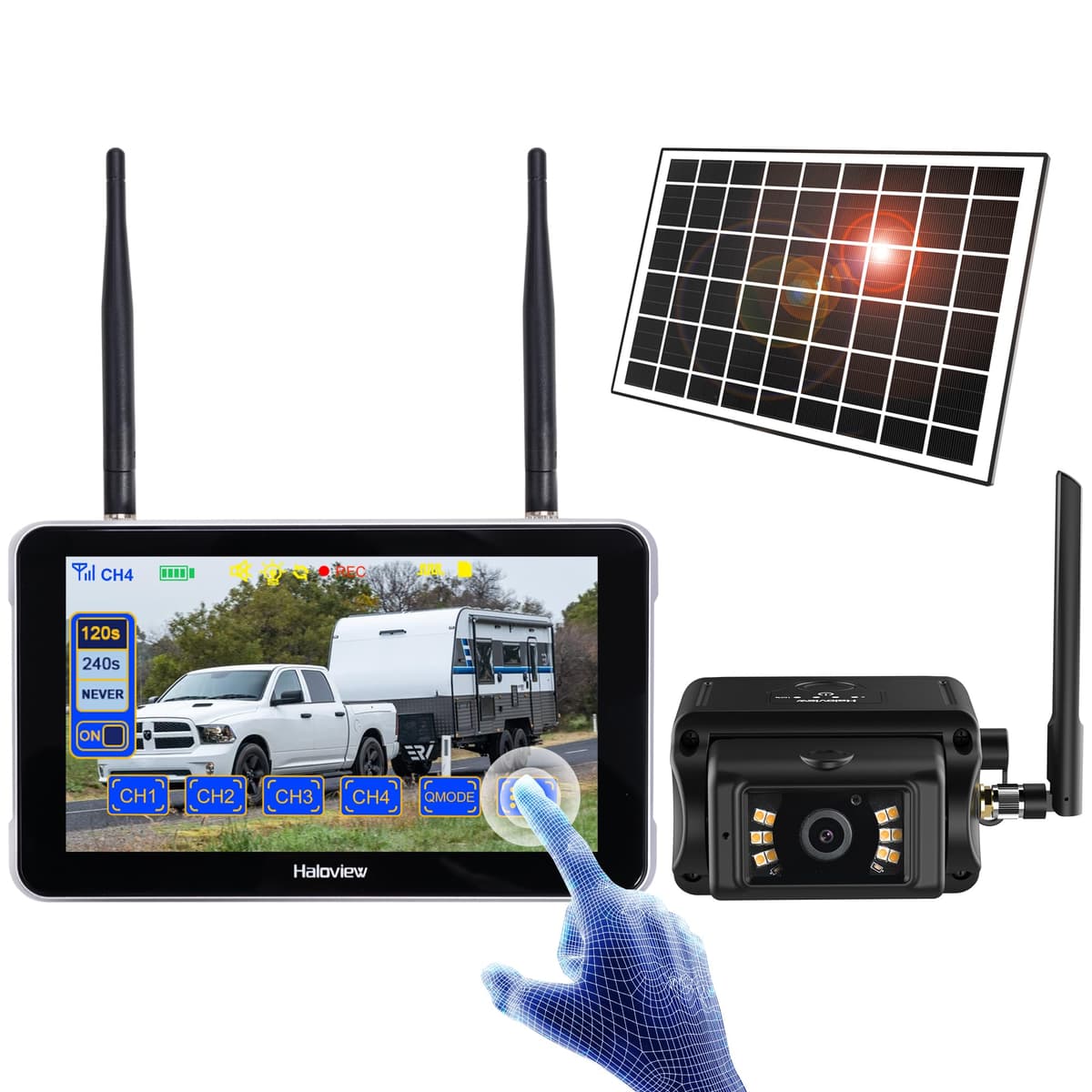 Haloview Byte Tango BT7 solar inalámbrica 1080P cámara de retroceso con energía solar y monitor táctil para RV