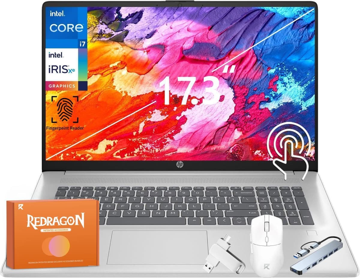 HP 17.3 Touchscreen para Negocios, Intel i7-1355U de 10 núcleos (hasta 5.0 GHz), 64 GB RAM, 4 TB SSD, Intel Iris Xe GPU, Wi-Fi 6, Lector de Huellas, Batería de Larga Duración, Windows 11 Pro, con Accesorios HP 17.3 touchscreen laptop