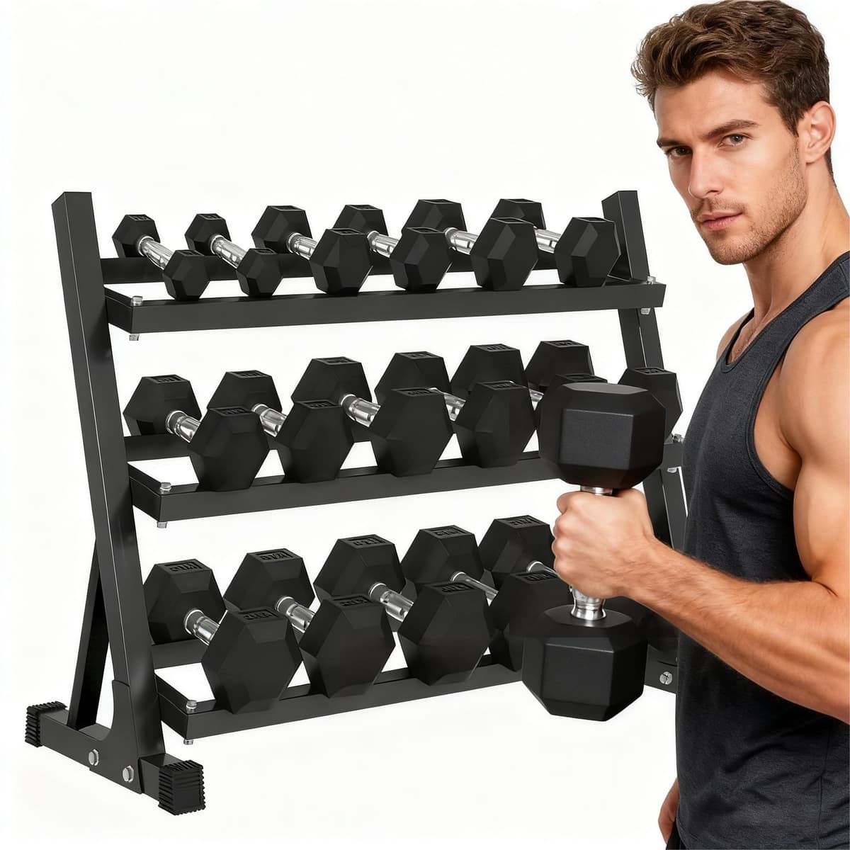 Amuya Juego de mancuernas con soporte Hex 5-50 lb recubiertas de goma Juego de pesas de alta resistencia 350 lb 450 lb 550 lb con soporte de 3 niveles Set completo de gimnasio en casa Rack de mancuernas Pesas de entrenamiento (450) 8-4