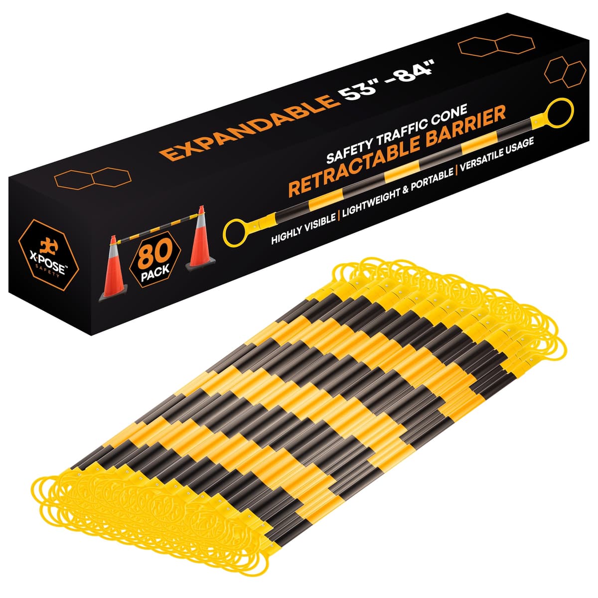 Xpose Barrera Retráctil Reflectante de Seguridad para Conos de Tráfico - Paquete de 80, Amarillo/Negro, Expandible 53″-84″ para Construcción, Estacionamiento y Control de Multitudes CBY-CBO-PARENT