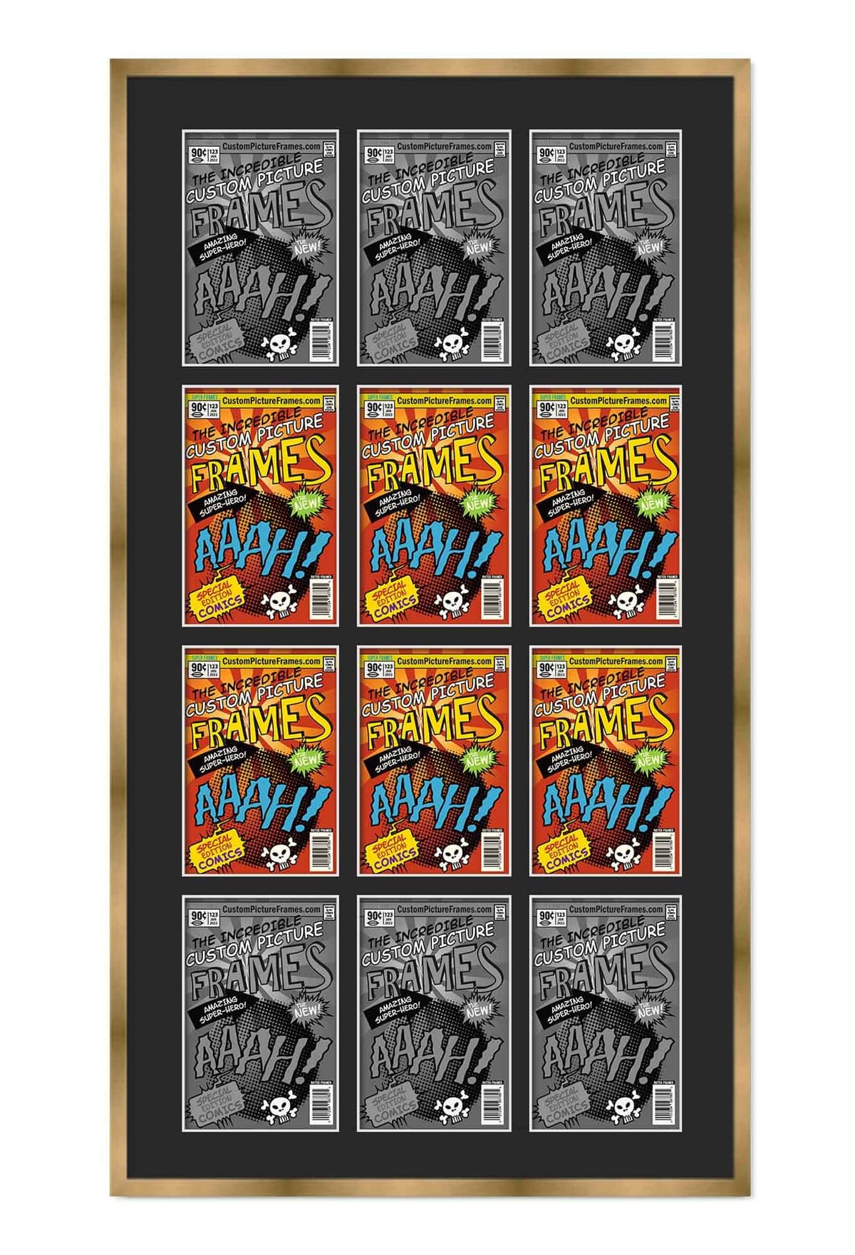 CustomPictureFrames.com Marco Collage para 12 Cómics Oro con Paspartú Negro F9932_29x50.5_COM-162