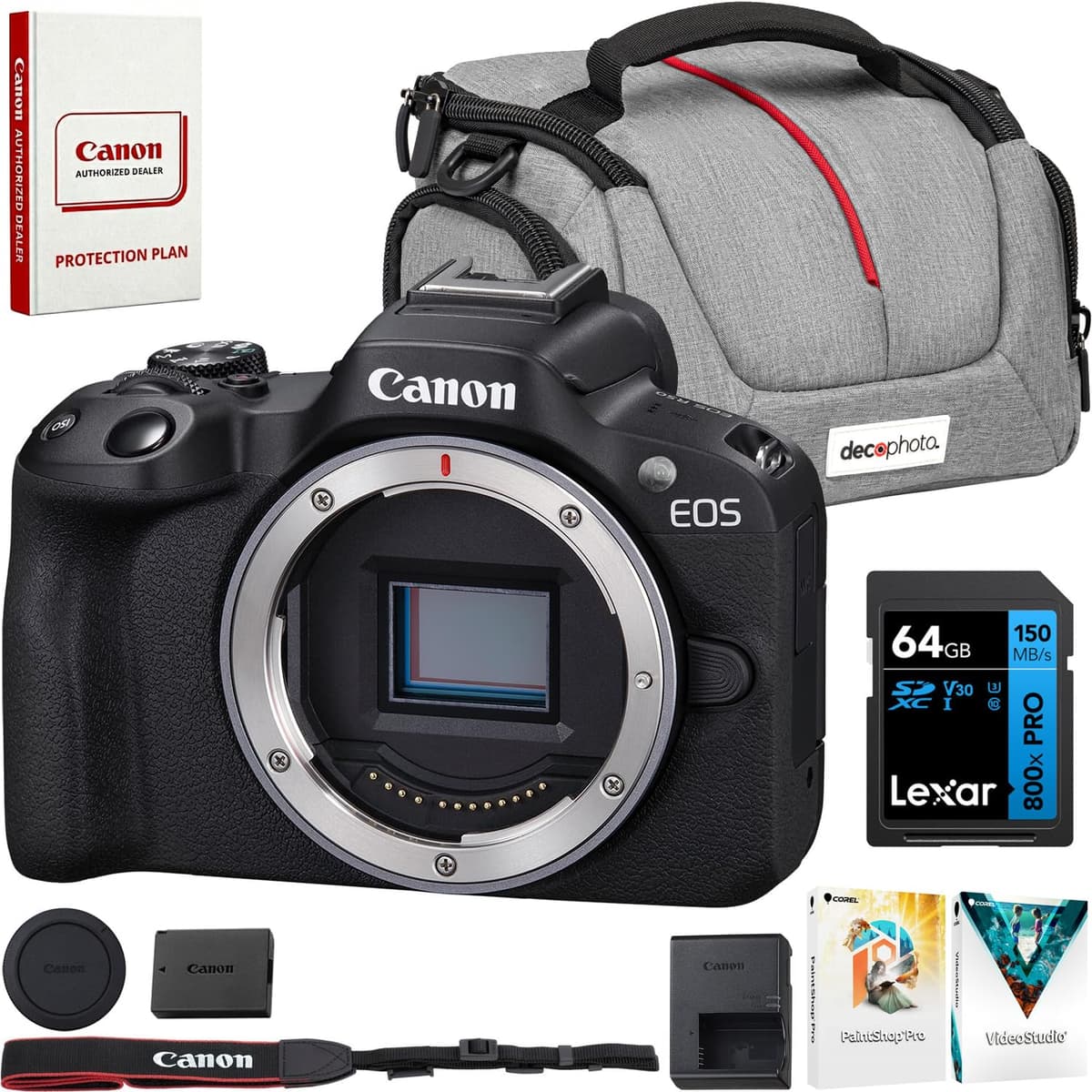 Canon EOS R50 cuerpo (negro) Bundle con tarjeta Lexar 64GB, bolso Deco y Corel Photo Video Suite E8CNEOSR50BODY