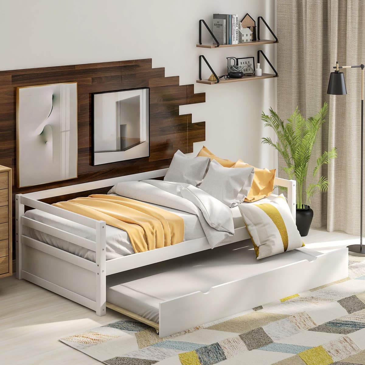Lifeand cama tipo daybed twin con cama nido (trundle) - Madera maciza, blanco, sin necesidad de box spring NO