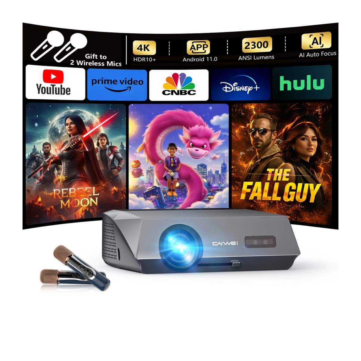 CAIWEI Proyector Smart 4K 2300 ANSI con 2 Micrófonos Inalámbricos, Wi-Fi 6, Bluetooth, Autoenfoque, Android, 32GB