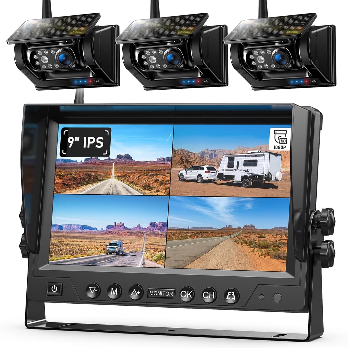 ZEROXCLUB 3 sistema de cámara de retroceso inalámbrica solar magnética, sistema inalámbrico de cuatro cámaras traseras para RV con monitor DVR de 9" HD1080P para remolque RV camiones, batería solar integrada de 9600mAh, BL903