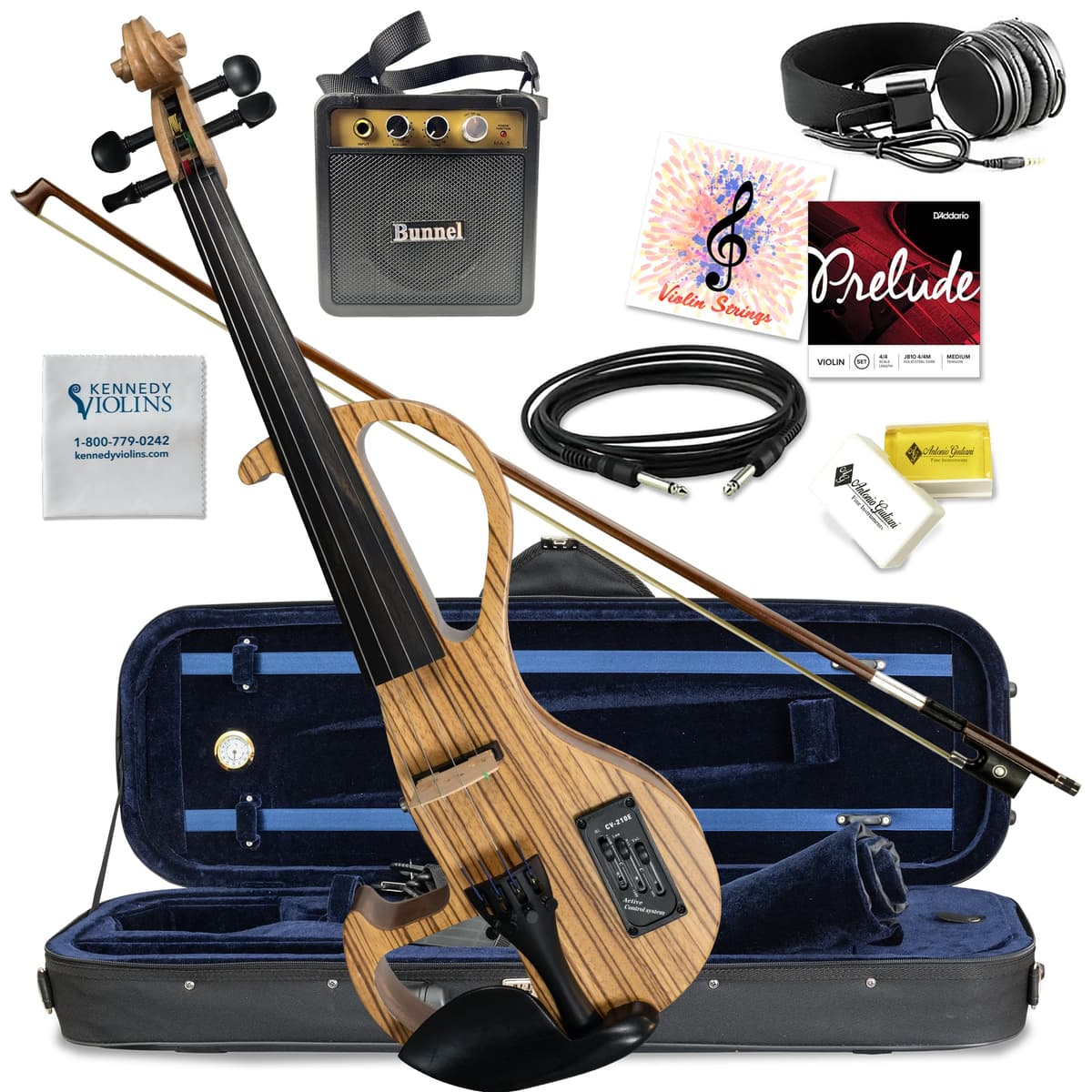 Kennedy Violins Bunnel Edge - Violín eléctrico 4/4 completo con accesorios (Light Zebrano)