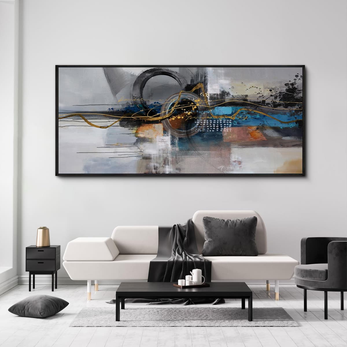 XLSJERST Large Abstract Frame Wall Art - Negro y Azul 86x39 pulgadas