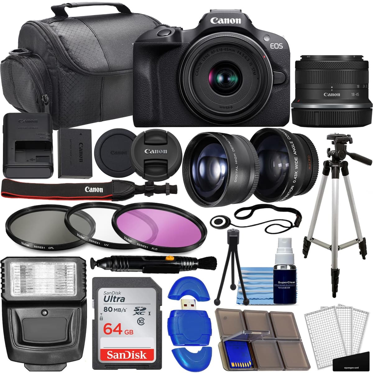 Cámara sin espejo Canon EOS R100 con lente RF-S 18-45 mm f/4.5-6.3 STM + lentes gran angular y telefoto + memoria de 64 GB + kit de filtros 3 piezas + estuche + flash + trípode 6052C012-K1-cr
