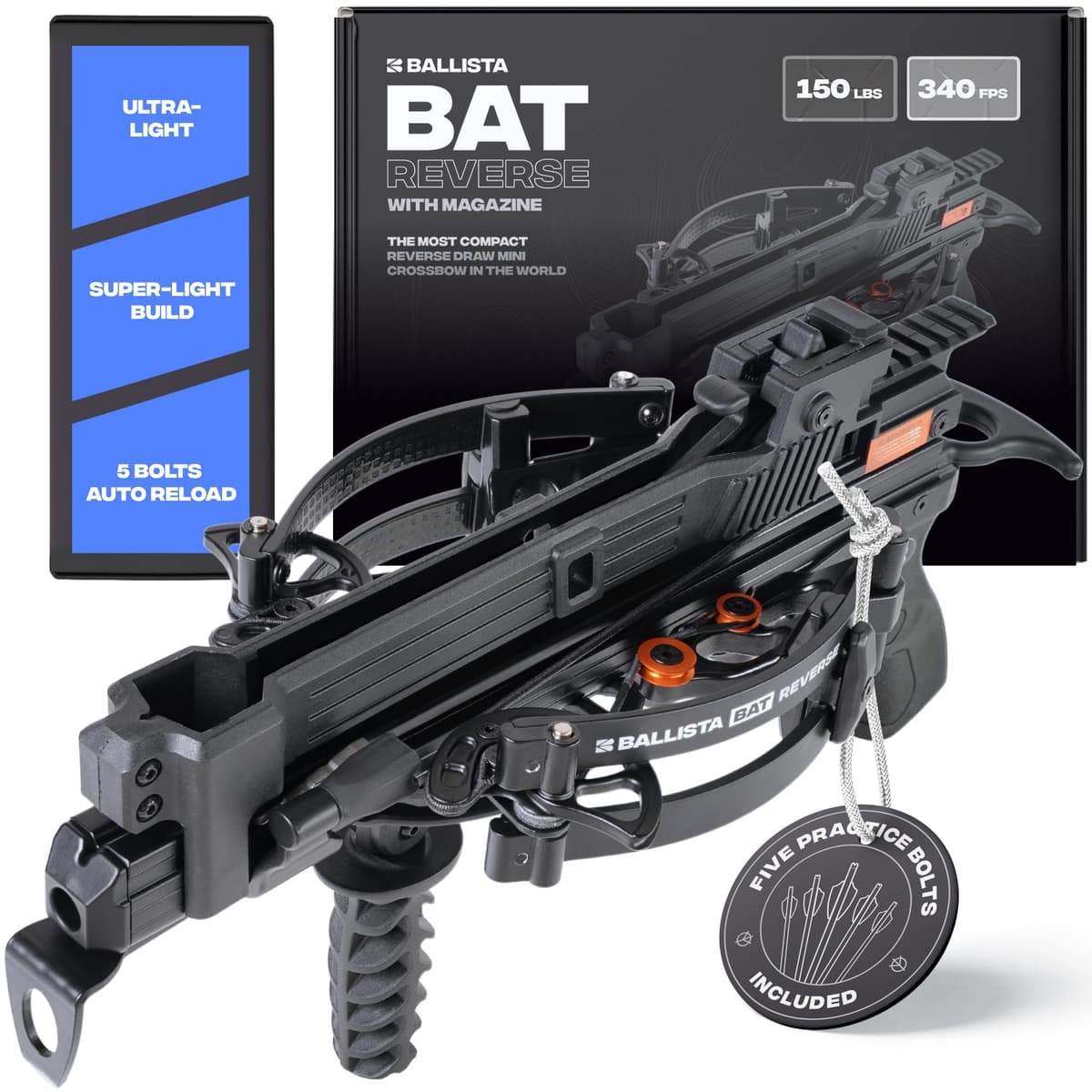 BALLISTA BAT Mini Ballesta Reverse Draw con Cargador, 150 lbs, 340 fps, 3.44 lbs BAT REVERSE with Magazine