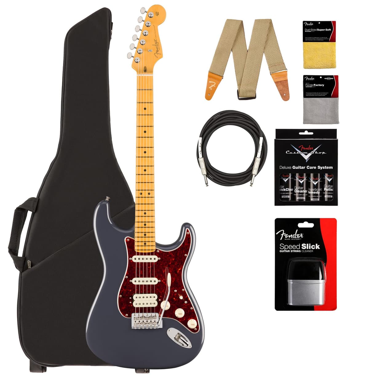 Fender American Professional Classic Stratocaster HSS - Faded Black Bundle con funda, correa, cable y kit de limpieza AUS-0114952322-COMBO-STD