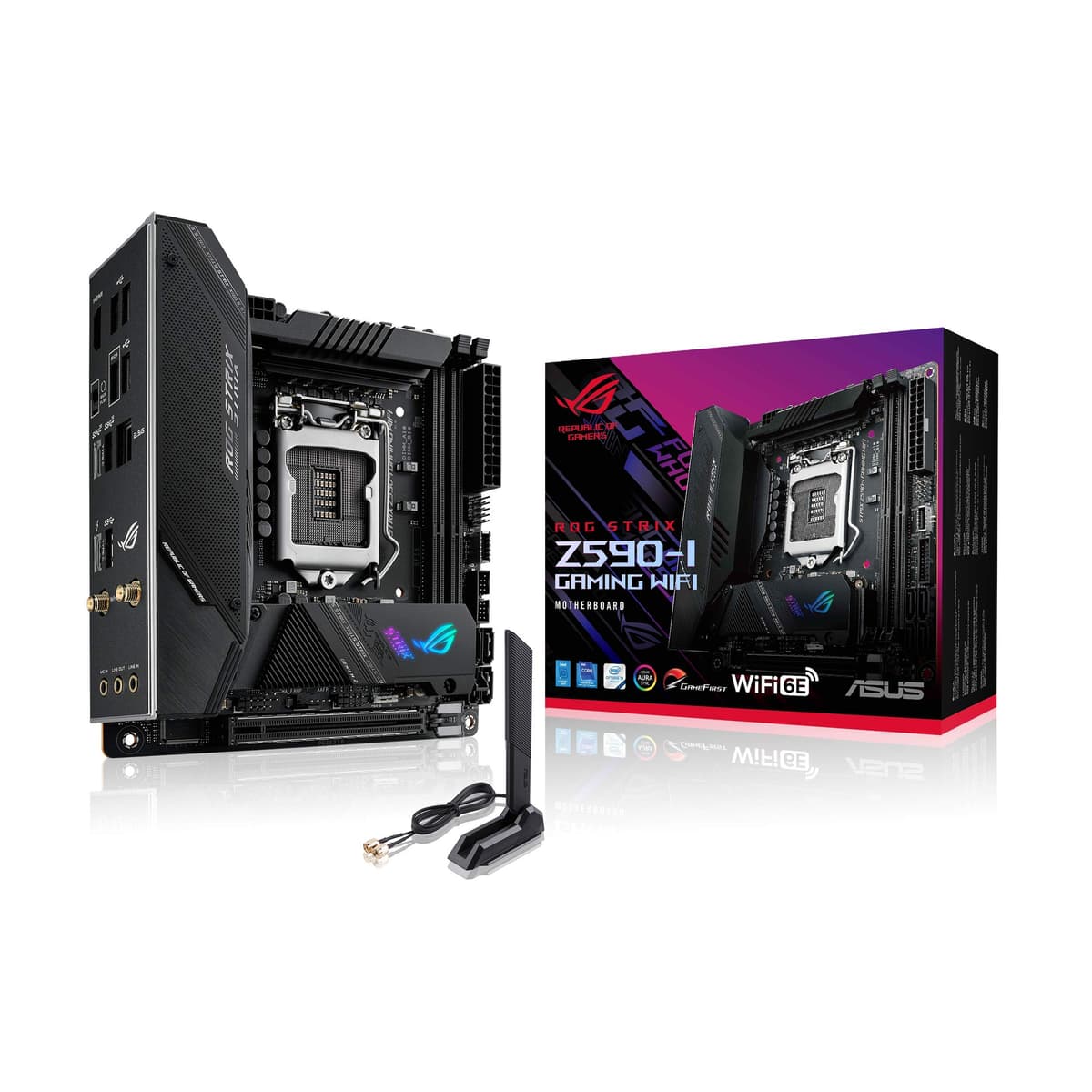 ASUS ROG Strix Z590-I Gaming WiFi 6E LGA 1200 (Intel 11ª/10ª Gen) placa base mini-ITX para gaming (PCIe 4.0, VRM 8+2, Thunderbolt 4 integrado, LAN 2.5 Gb, USB 3.2 Gen 2 frontal Tipo-C, 2x ranuras M.2)