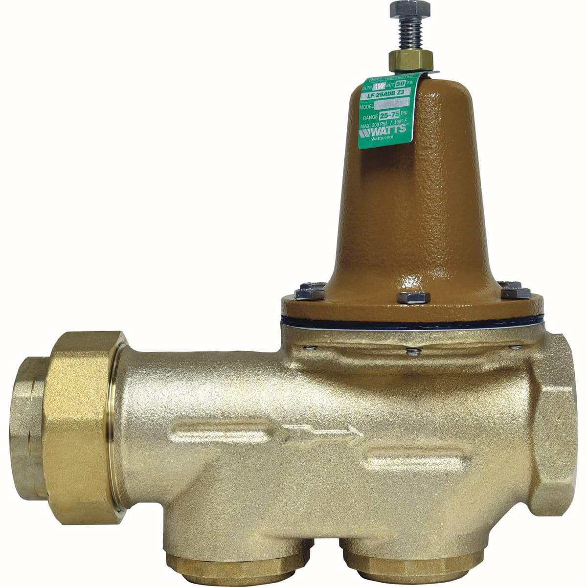 Watts LF25AUB-Z3 1-1/2" Válvula reductora de presión de agua sin plomo, unión hembra NPT x salida hembra NPT, asiento polímero, ajustable 25-75 psi 0009431