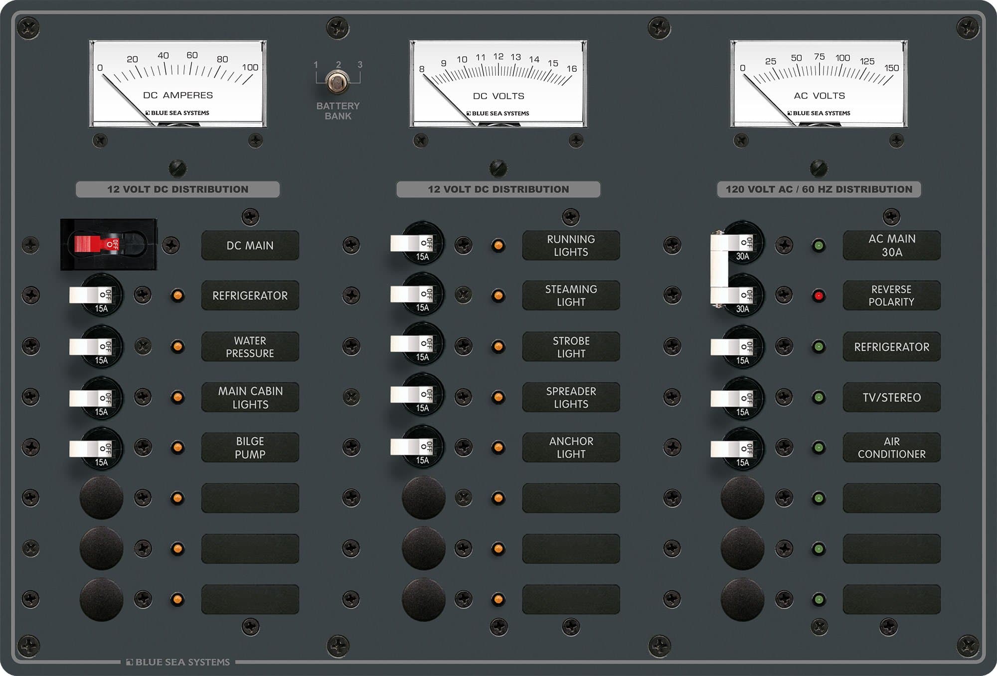 Blue Sea Systems Panel AC principal + 6 / DC principal + 15 posiciones 8084