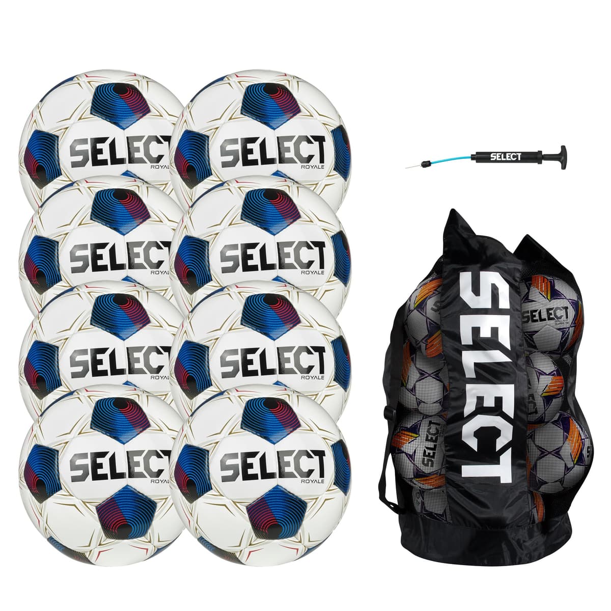 Select Royale balón de fútbol pack de 8 con bolso y bomba, blanco/azul/rojo V25, talla 5