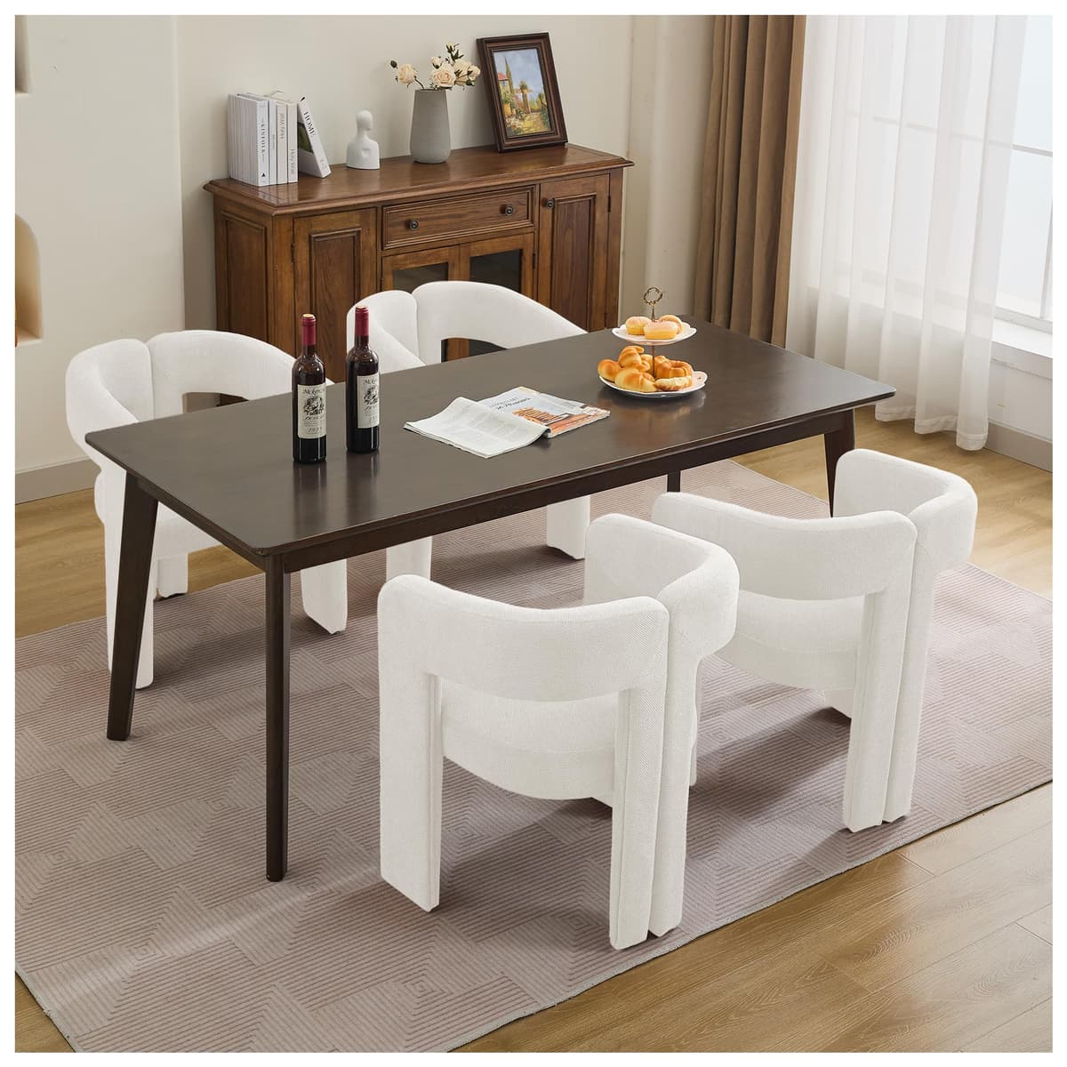 Juego de 4 sillas de comedor modernas tipo barril adochr, tapizadas en lino con patas de madera, sillas de acento con brazos, cómodas sillas laterales para cocina/comedor/sala, beige AD804-BE-4