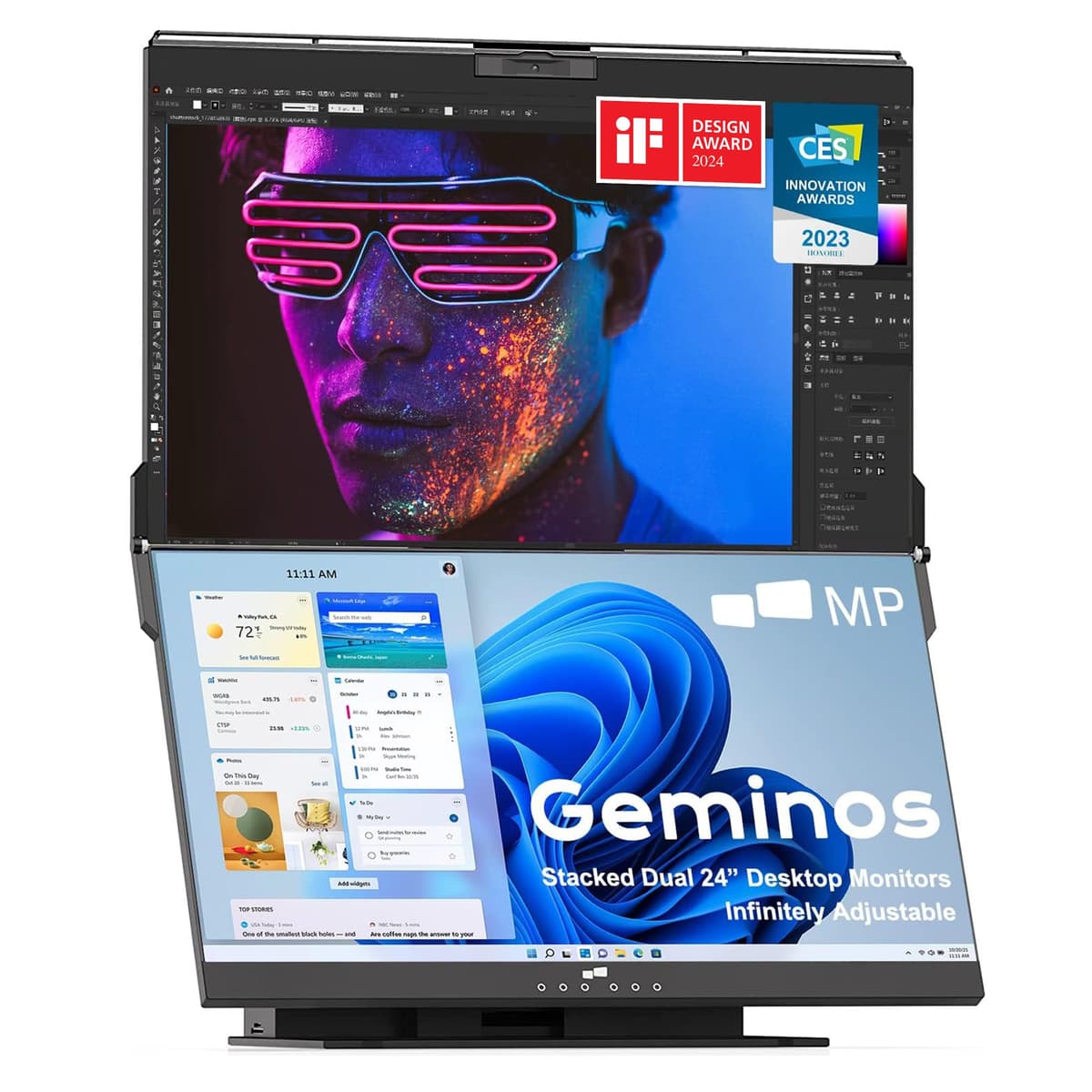 Duex Mobile Pixels Geminos Monitores Dobles Apilados 24" con Webcam 1080P, Parlantes y Docking 10-en-1, HDMI/USB-A/USB-C, Ajuste Vertical (2 Monitores)