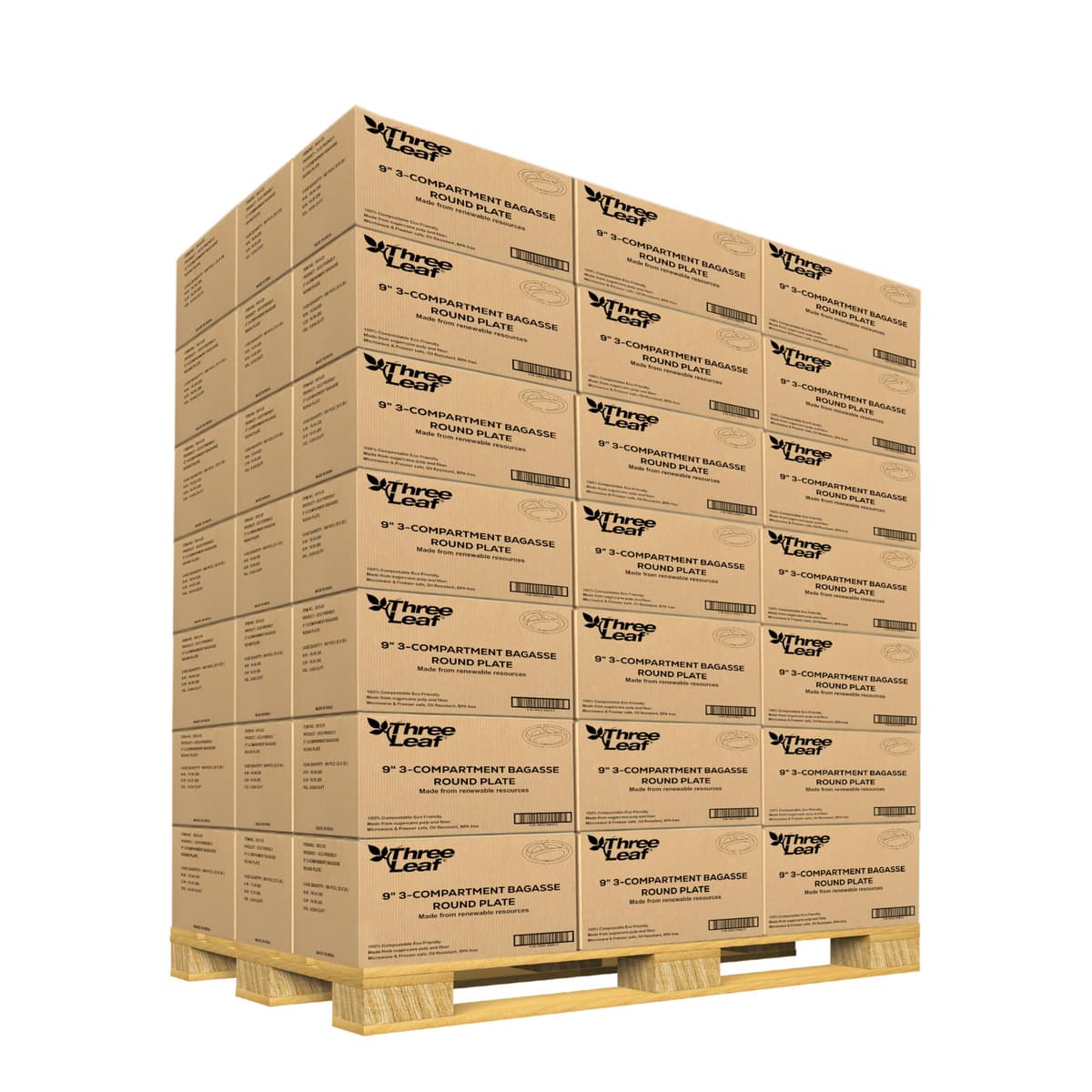 three leaf Platos Redondos Bagasse 9" 3 Compartimentos, 18,000 Ct. (36 cajas x 500)
