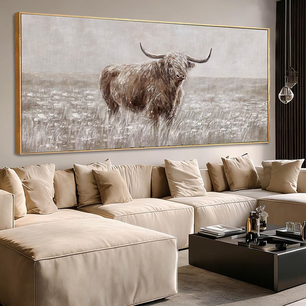 MLART99 Lienzo Extra Grande de Vaca Highland Marrón con Marco, Arte de Pared Rústico Estilo Casa de Campo, Posters de Animales Modernos, Decoración de Pared para Sala, Dormitorio, Oficina, 40x88 Pulgadas
