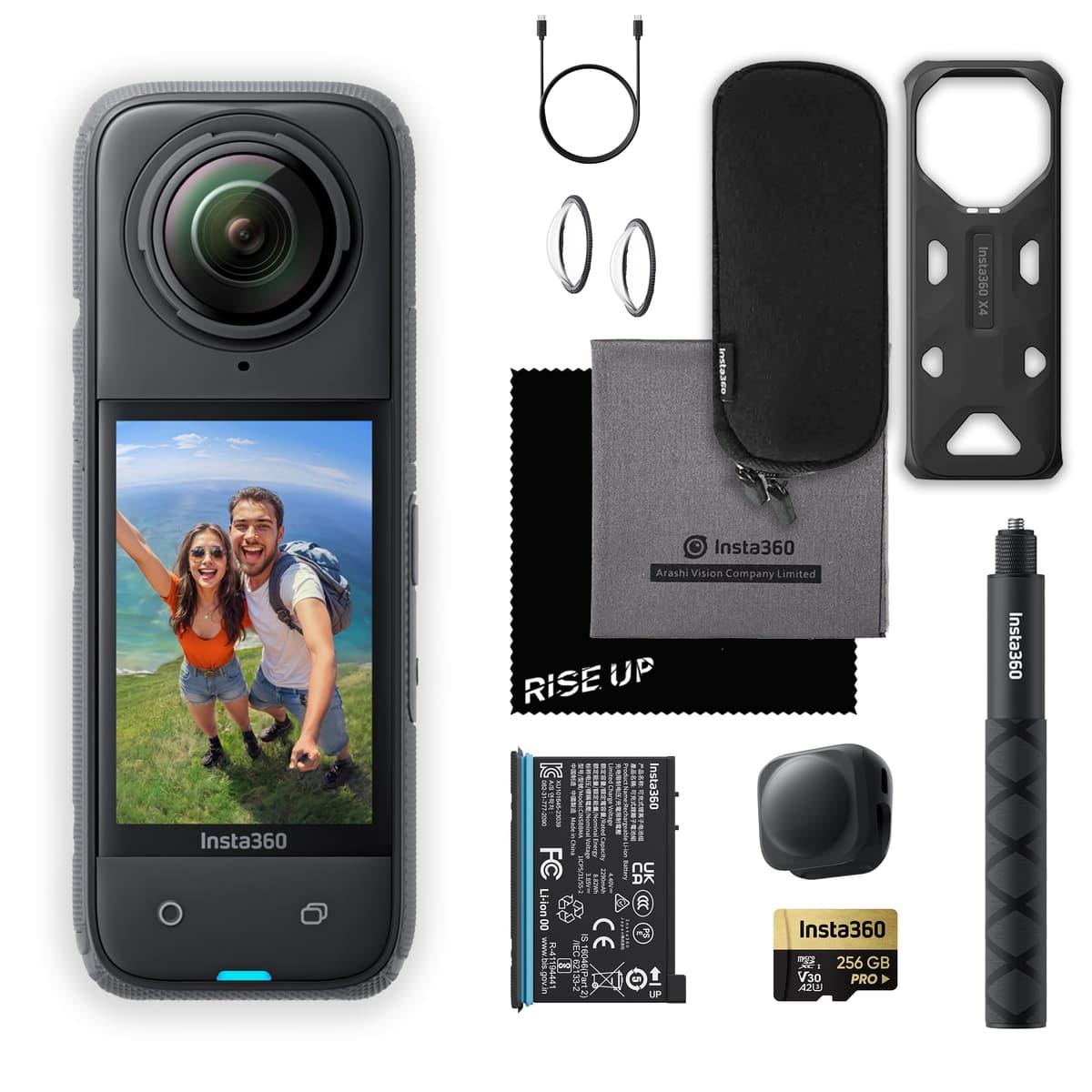 Insta360 X4 Waterproof 8K 360 Action Camera Kit con Selfie Stick y MicroSD 256 GB X4_LensCap_SelfieStick_256GB