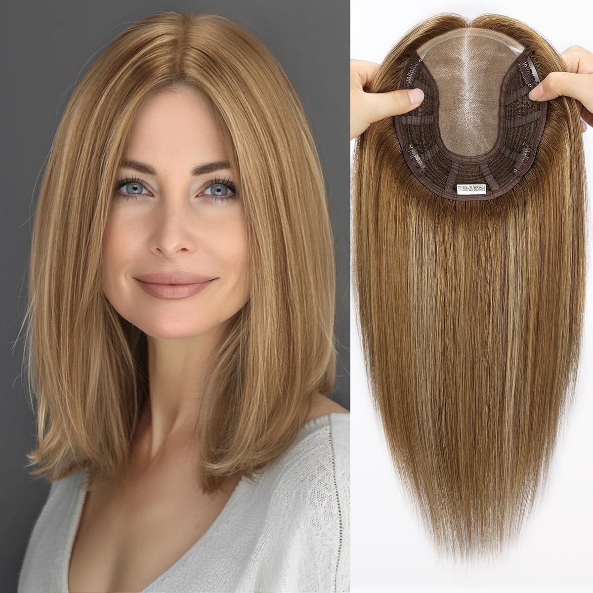 Topart Large MONO Top Toppers Mujer Remy 14 Inch 6x7 Big Base Sin Flequillo - Light Brown Highlights HTMN9002-3BL15