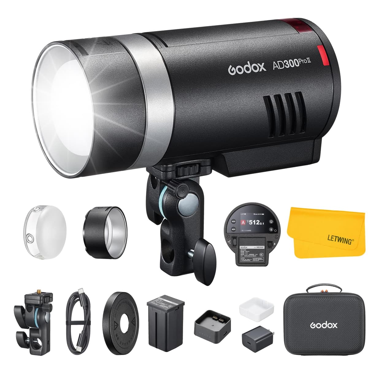 GODOX AD300Pro II AD300 Pro II Flash Estroboscópico Exterior, 2.4G 300Ws TTL HSS 1/8000s Flash Portátil Monolight, 350 Destellos a Potencia Completa, Lámpara de Modelado Bi-color 12W, Ajuste de Potencia 1/512-1/1, Pantalla HD de Color GB-AD3P2-GDA0