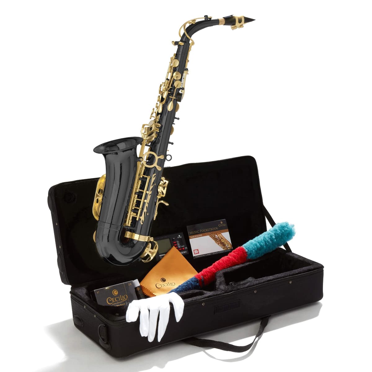 Mendini MTS-BNG+92D saxofón tenor en Si bemol Black Golden Lacquer para principiantes con estuche y accesorios