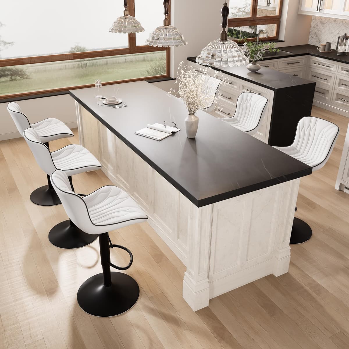 YOUNIKE Set de 6 taburetes de bar blancos giratorios, altura ajustable, respaldo y asiento acolchado de piel sintética