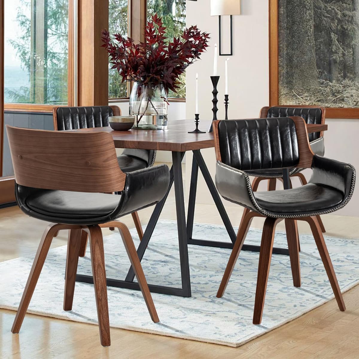 Sillas giratorias LUNLING juego de 4 estilo Mid Century, tapizadas en cuero sintético, negro 517