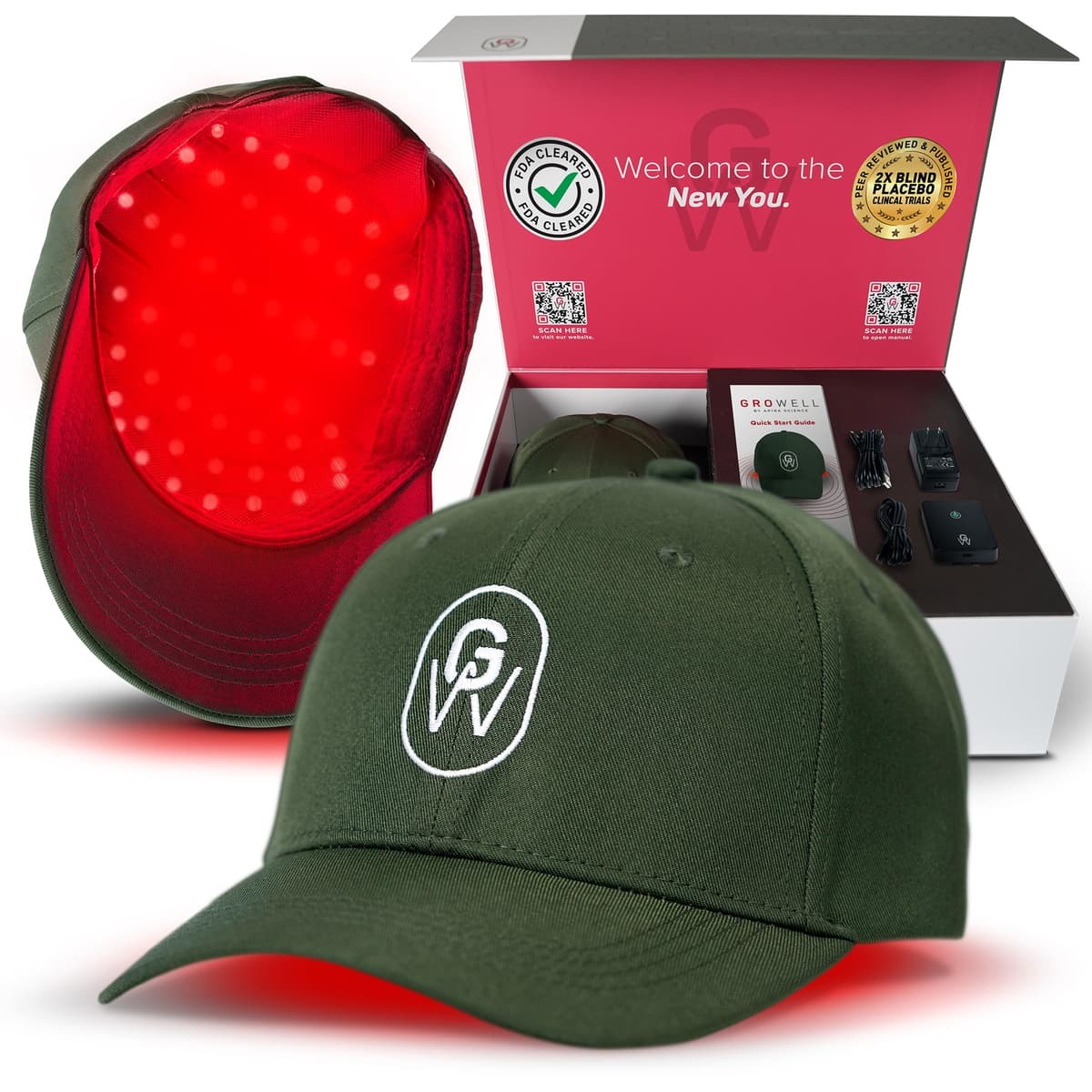 GroWell gorra de terapia con luz roja para crecimiento capilar, FDA Cleared - Verde GW10040
