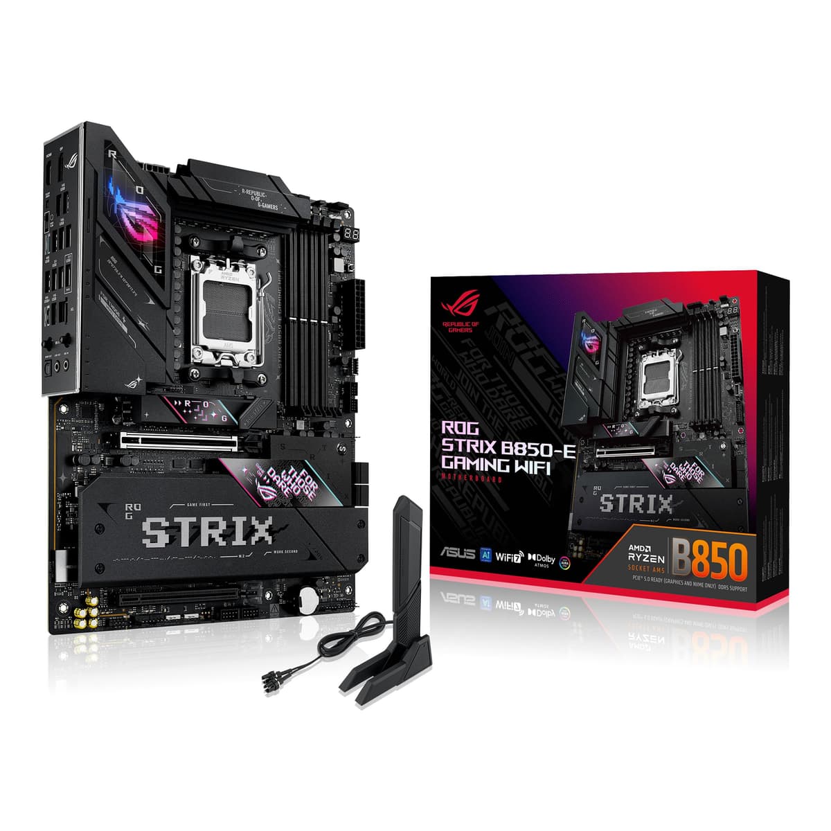 ASUS ROG Strix B850-E Gaming WiFi AMD B850 AM5 DDR5 8000 DP HDMI Type-C 5x M.2 USB 3.2 Gen 2x2 WiFi 7 + BT Aura RGB LAN 5 Gbit ATX 3x Gen5 M.2, ASUS Q-Design, Listo para PC Avanzada con IA 90MB1J60-M0EAY0