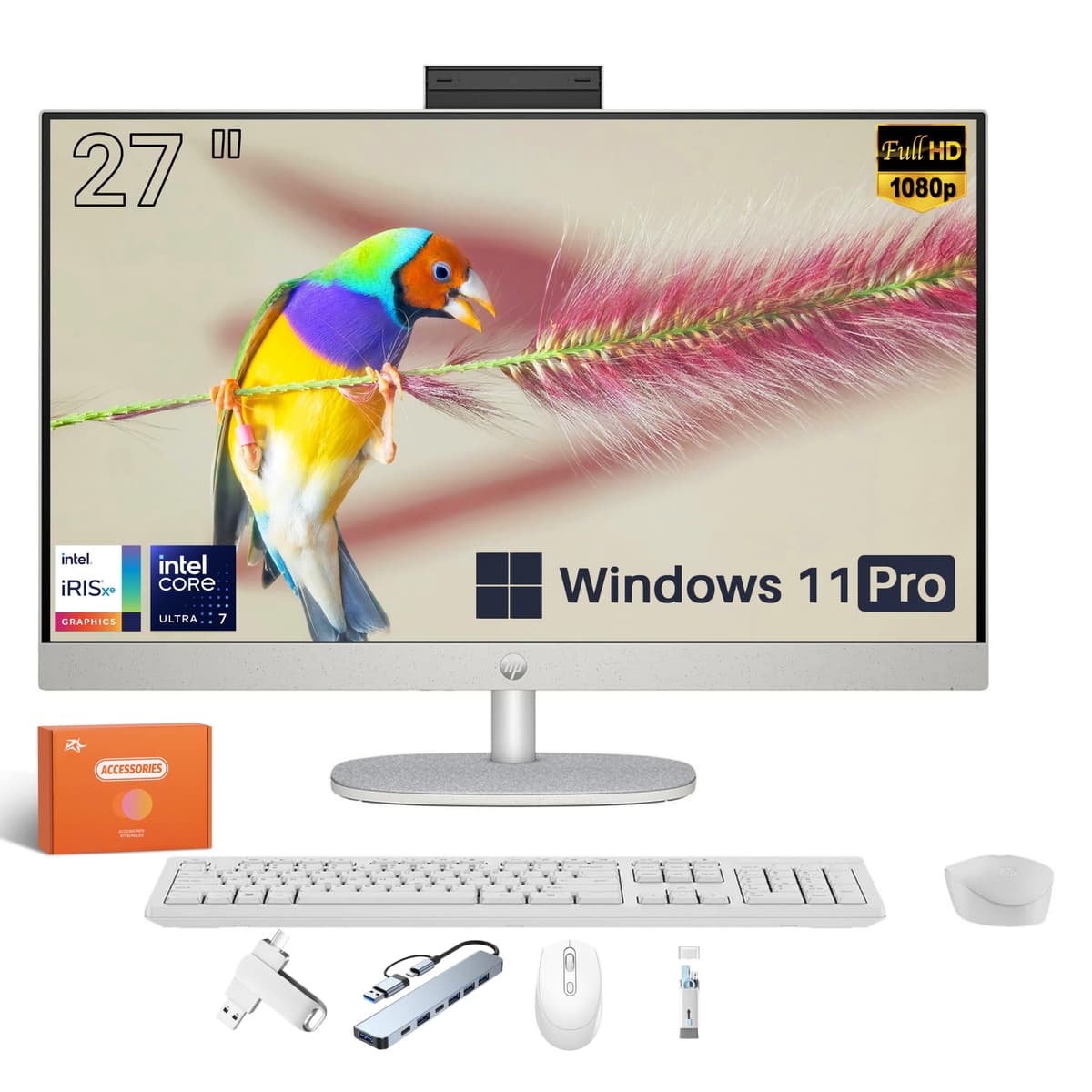 Computadora All-in-One HP de 27" con Pantalla Táctil, Intel Ultra 7 de 12 núcleos, Pantalla FHD IPS, Altura Ajustable, 32 GB DDR5, SSD de 2 TB, Windows 11 Pro, Blanco Shell, con Accesorios HP 27 All-In-One Desktop