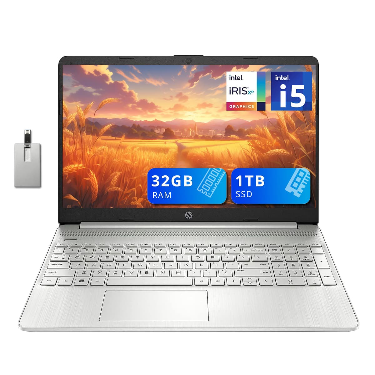 HP Laptop de uso diario 15.6" FHD, Intel i5-1135G7, 32 GB RAM, 1 TB SSD PCIe, Gráficos Intel Iris Xe, Teclado numérico, Cámara HD 720p, Wi-Fi 5, Windows 11 Home, Plateado, Tarjeta USB Hotface 32 GB HP 15 Laptop