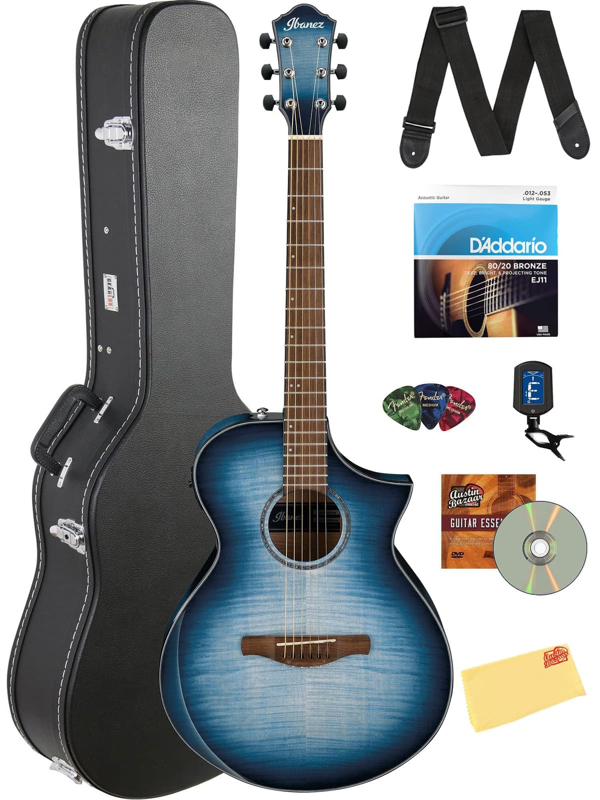 Ibanez AEWC400 Acoustic-Electric Guitar Indigo Blue Burst - Bundle con Estuche, Afinador, Correa, Cuerdas, Picks, DVD y Paño AUS-AEWC400IBB-COMBO-DLX