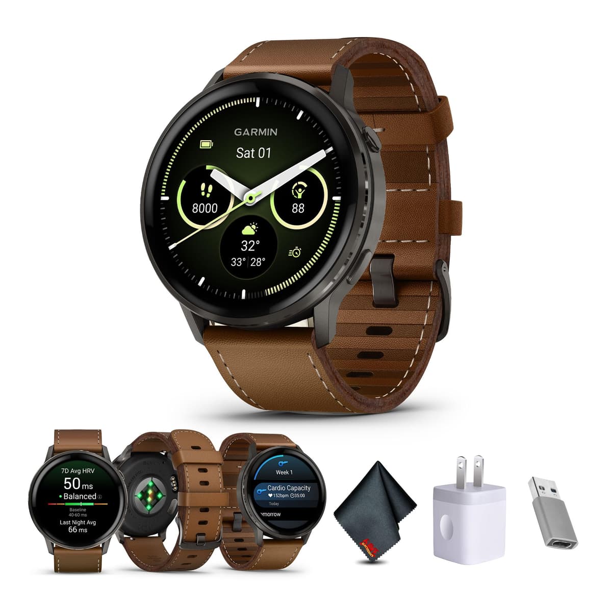 Garmin Venu 4 45mm, Smartwatch GPS avanzado, AMOLED 1.4", linterna integrada, 12 días de batería, Slate con correa de cuero marrón (Bundle) 010-03014-03-AG2-1