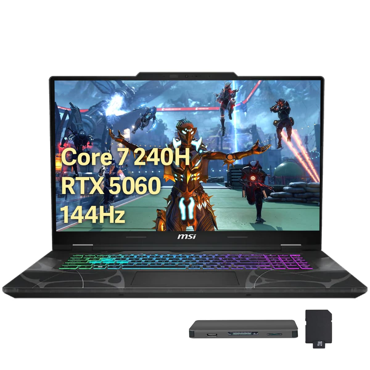 MSI Cyborg 15.6" 144Hz FHD IPS Laptop para Gaming, Intel Core 7-240H, 64GB RAM, 5TB Almacenamiento (4TB SSD + Estación Docking 1TB), NVIDIA GeForce RTX 5060, Teclado Retroiluminado, Webcam HD, Wi-Fi 6E, Windows 11, Negro