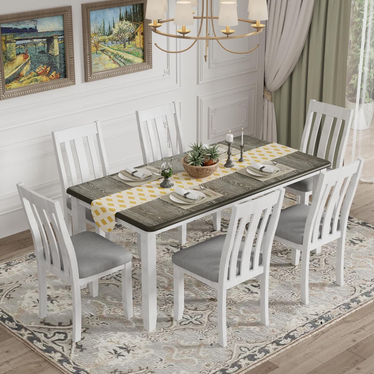 RUNWON Juego de comedor retro extensible 7 piezas con 6 sillas tapizadas (Antique Brown+White) 7 Pieces Dining Table Set for 6