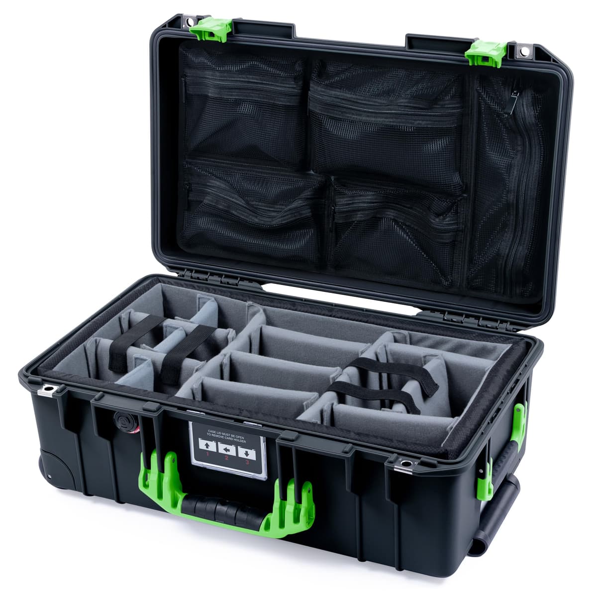 Maletín de mano Pelican Air 1535 de ColorCase - Negro - Estuche impermeable tamaño mediano con divisores acolchados de microfibra gris y organizador de tapa de malla - Asas y cierres verde lima 015350-0170-110-301