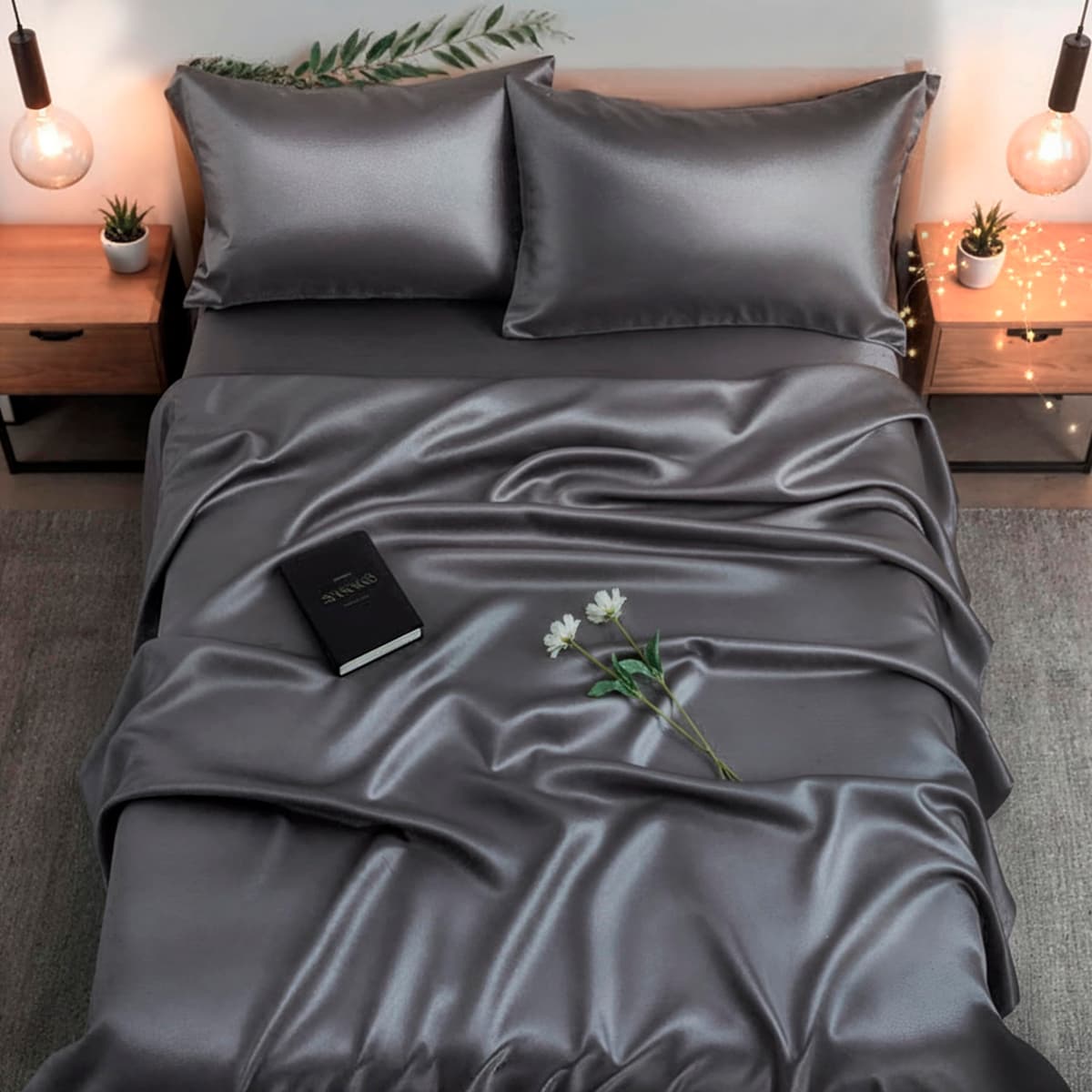 Colorado Home Co Sábana de seda Mulberry 100% California King LuxSilk - 4 piezas [Charcoal Essence]