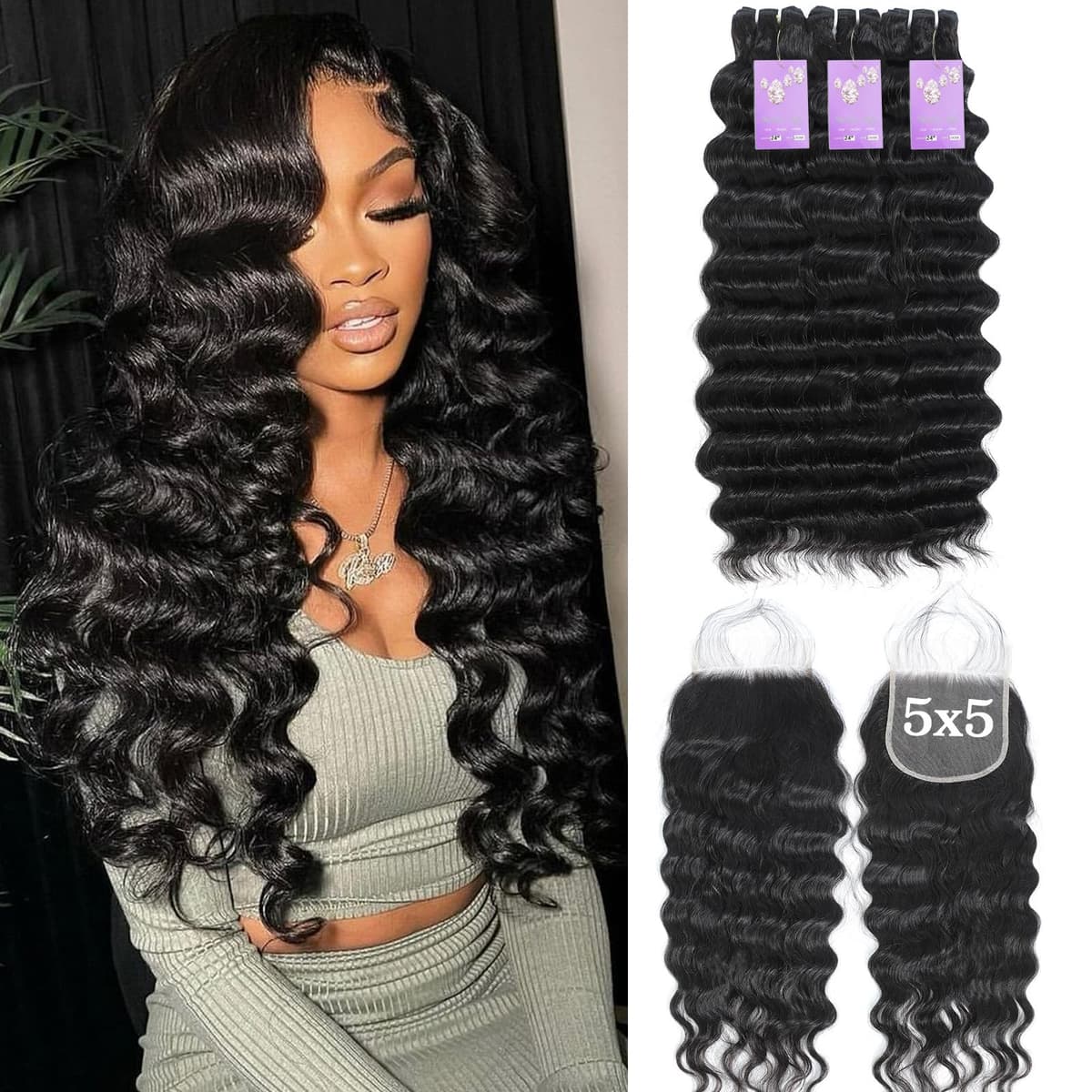 FASHION PLUS Bundles de cabello humano brasileño Loose Wave con cierre 5x5 HD (24, 26, 28 +20) 15A, triple duración