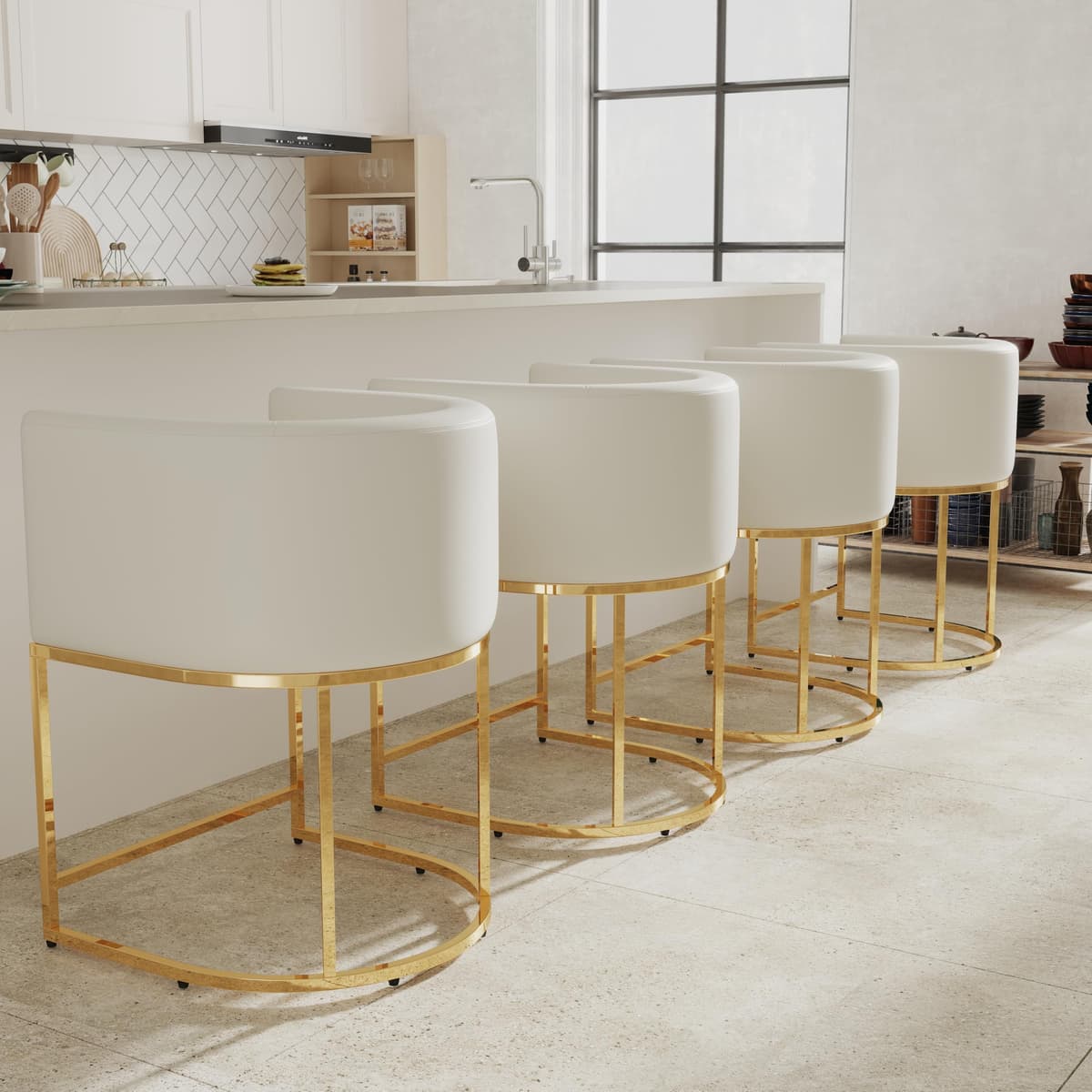 RIVOVA Taburetes de bar de cuero PU juego de 4, taburetes de bar acolchados modernos altura de mesada 24" taburetes de cuero tipo barril para isla de cocina con base metálica dorada, Blanco