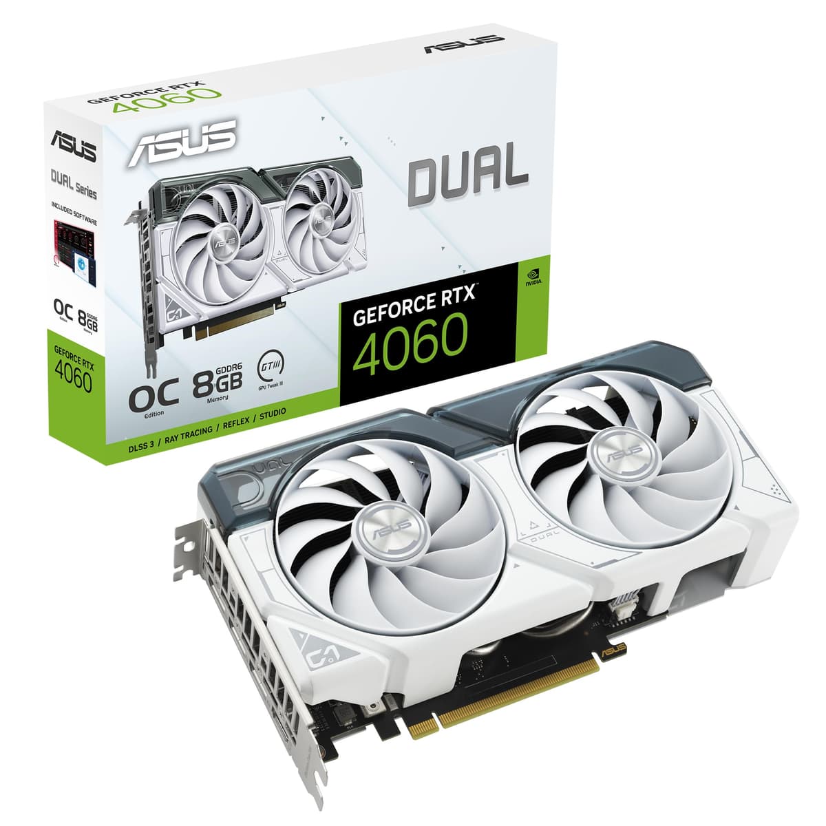 ASUS Dual GeForce RTX 4060 OC Edición Blanca 8GB GDDR6 (PCIe 4.0, 8GB GDDR6, DLSS 3, HDMI 2.1a, DisplayPort 1.4a, Diseño de 2.5 ranuras, Ventiladores Axial-tech, Tecnología 0dB y más) 90YV0JC2-M0AA00