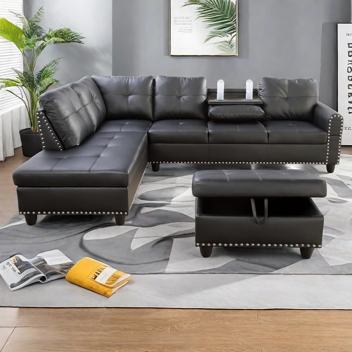 GlasFlength Sofá Seccional en L Convertible con Reposabrazos y Portavasos (Negro A) DDP-MZX-SOFAS07
